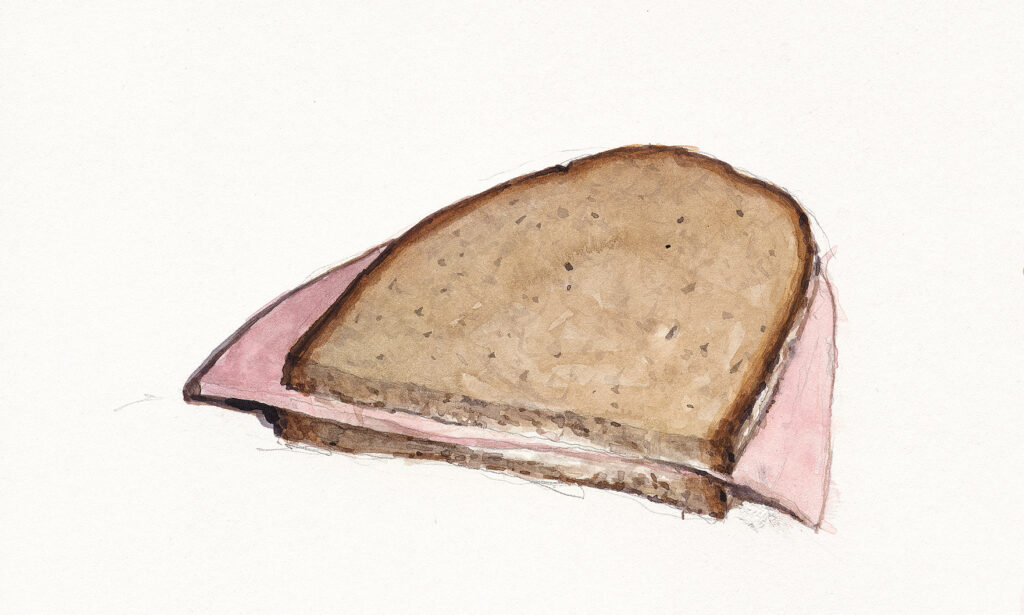 THOMAS RAVEN,  Stulle, 2023, Pigmenttusche auf Karton, 15 x 21 cm